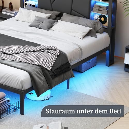 Lit Double 160x200 Avec Coffre De Rangement - Tête De Lit LED Et USB - Velours Beige - Sommier à Lattes - Charge 250 Kg - 5